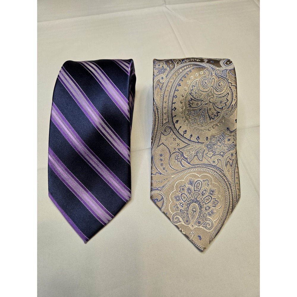 Michel Kors Lot of 2 Mens Luxury Silk Neck Ties Paisley Tan Blue, Striped Purple